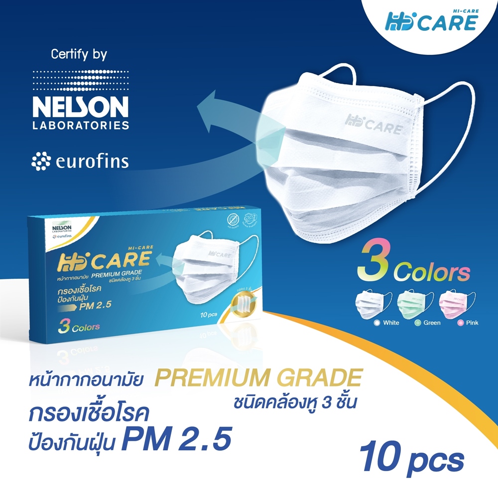 Hi-CARE หน้ากากอนามัย PREMIUM GRADE ขนาดพกพาบรรจุ 10 ชิ้น มาพร้อมโปรฯ 4 แถม 1