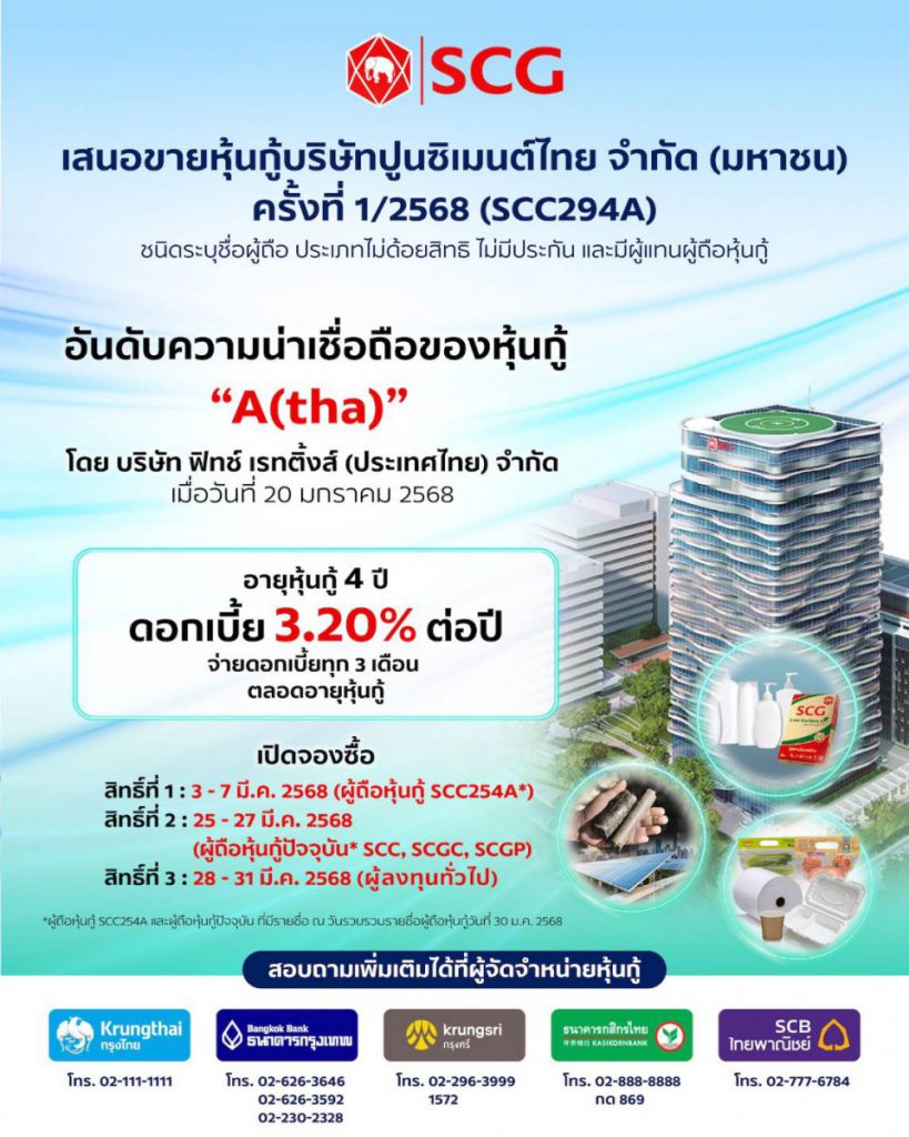 เอสซีจี เตรียมเสนอขายหุ้นกู้เรทติ้ง “A” แก่ประชาชนทั่วไป  อายุหุ้นกู้ 4 ปี ดอกเบี้ยคงที่ 3.20% ต่อปี เริ่มจองซื้อ 3 มี.ค. 68 ผ่าน 5 ธนาคารชั้นนำ